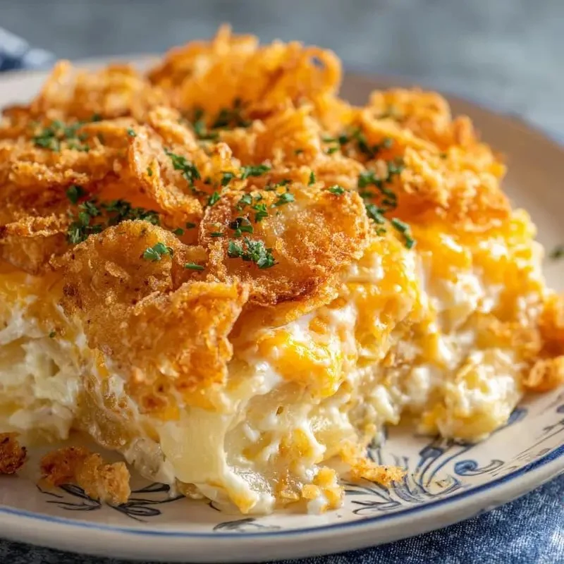 Delicious creamy and cheesy funeral potatoes baked to perfection