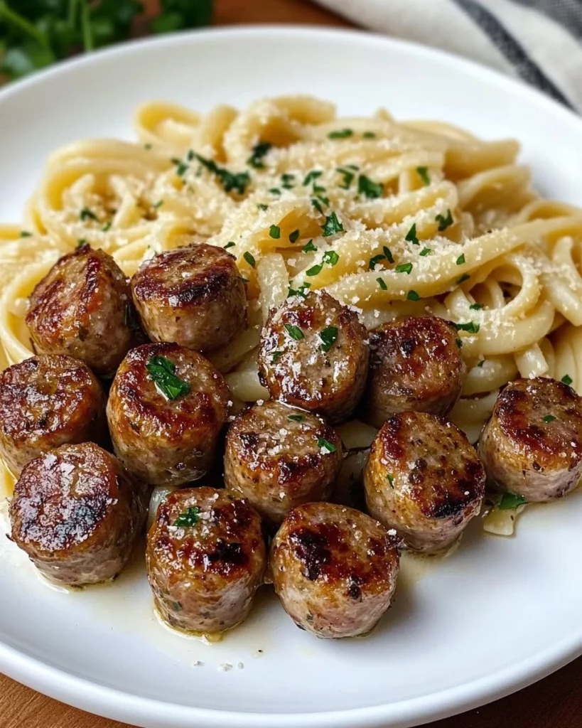 Delicious Garlic Butter Sausage Pasta topped with Parmesan cheese