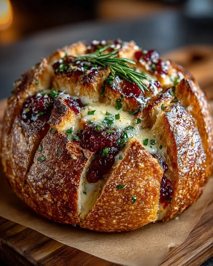 Garlic herb sourdough bread stuffed with brie and cranberry sauce on a wooden board
