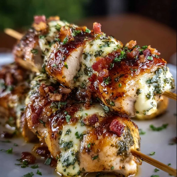 Garlic Mozzarella Chicken Bomb Skewers freshly grilled and garnished.