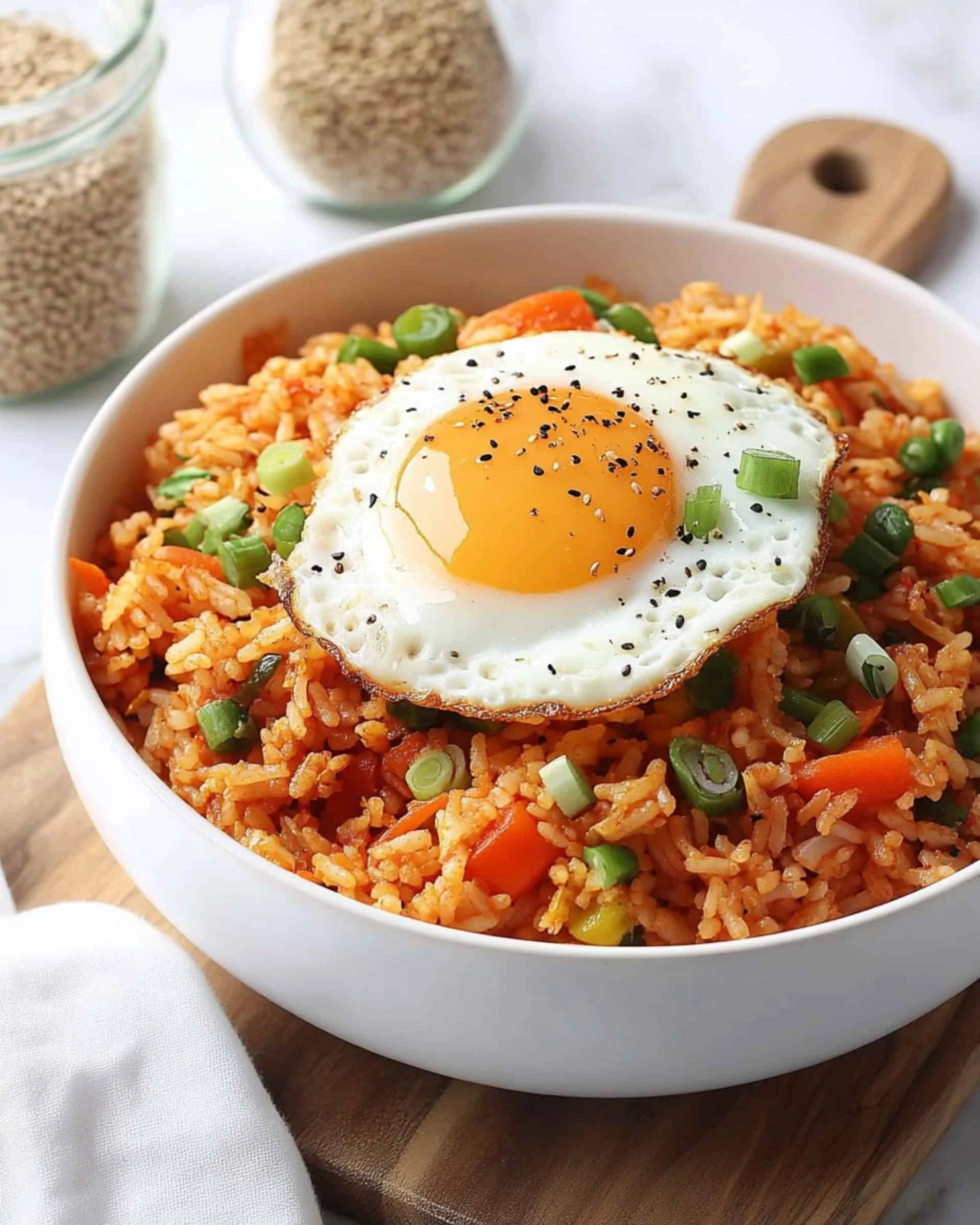 Bowl of Gochujang Fried Rice garnished with vegetables and herbs