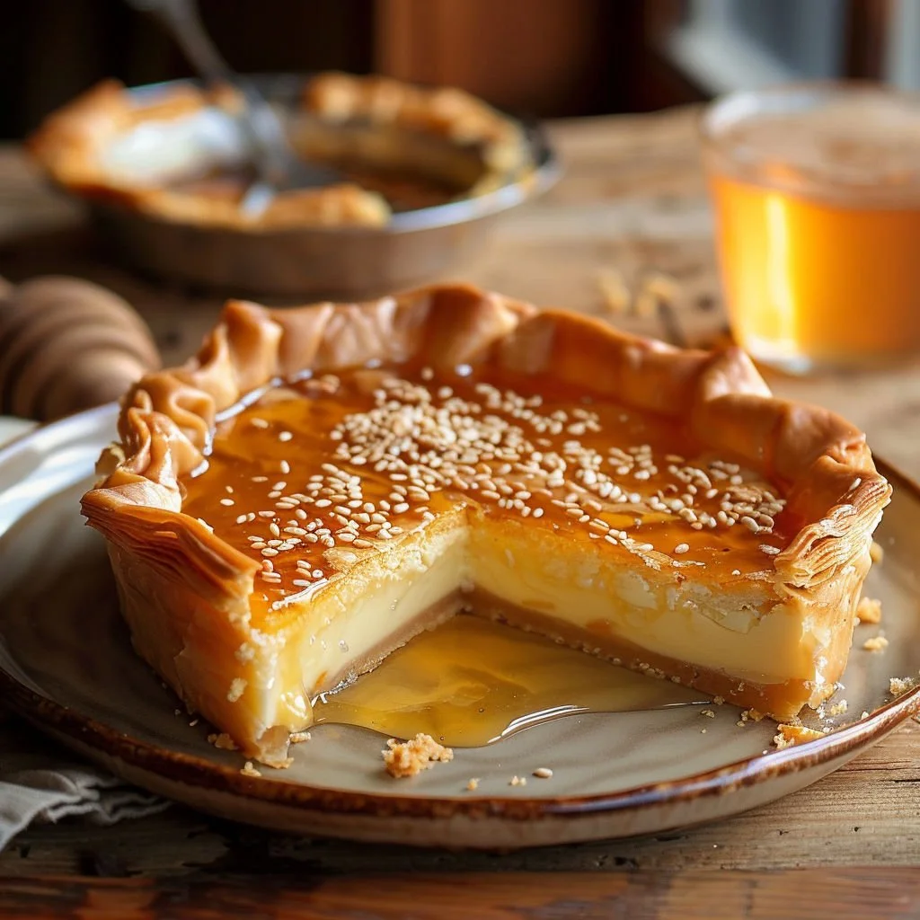 Golden Greek Honey Pie drizzled with honey and topped with nuts