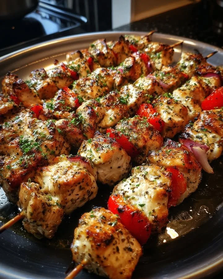 Grilled Greek Chicken Souvlaki with maple garlic glaze on a plate