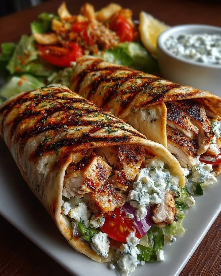 Delicious Greek chicken wraps with sauce served on a plate