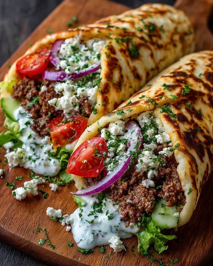 Greek lamb wraps with garlic yogurt sauce on a plate