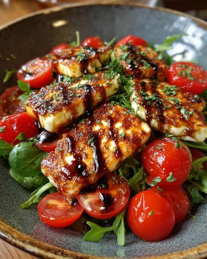 Grilled halloumi and tomato salad served in a bowl with fresh herbs.