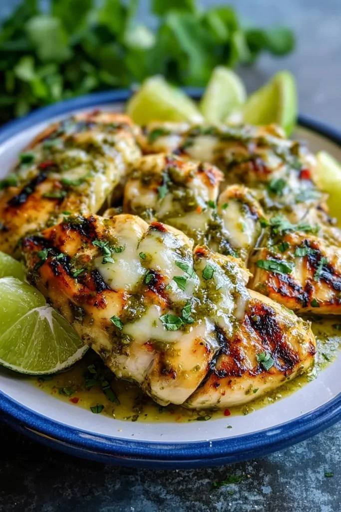 Grilled salsa verde chicken served on a plate with fresh toppings