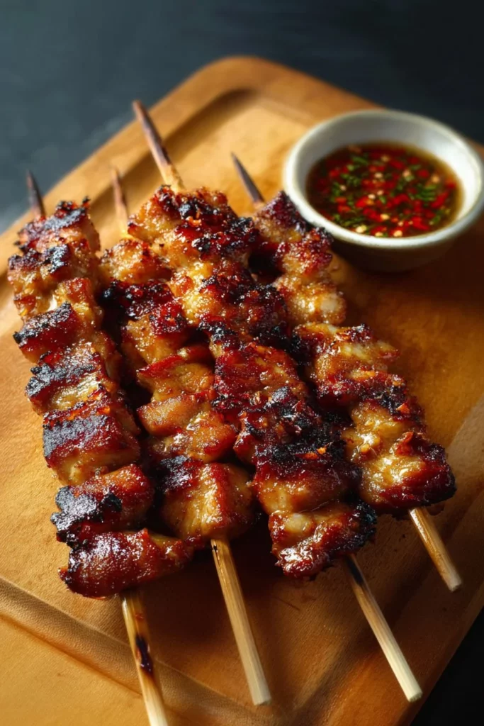 Grilled Thai coconut chicken skewers garnished with herbs on a plate.