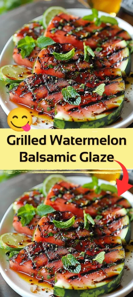 Grilled watermelon drizzled with balsamic glaze on a plate