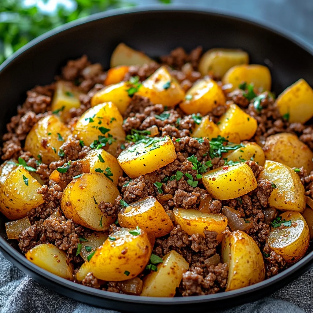 Ground beef and potatoes dish cooked to perfection on a plate