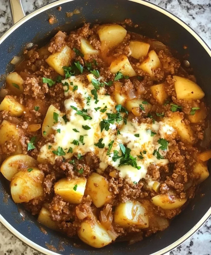 Ground beef and potatoes dish served in a bowl