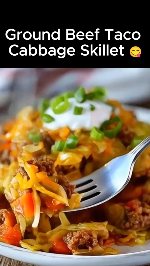 Ground beef taco skillet with cabbage ready to serve