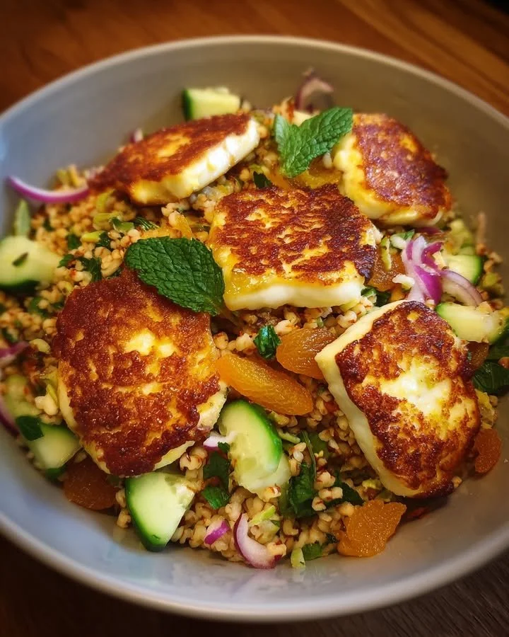 Halloumi Salad with Bulgur, Dried Apricots, Mint and Citrus Dressing