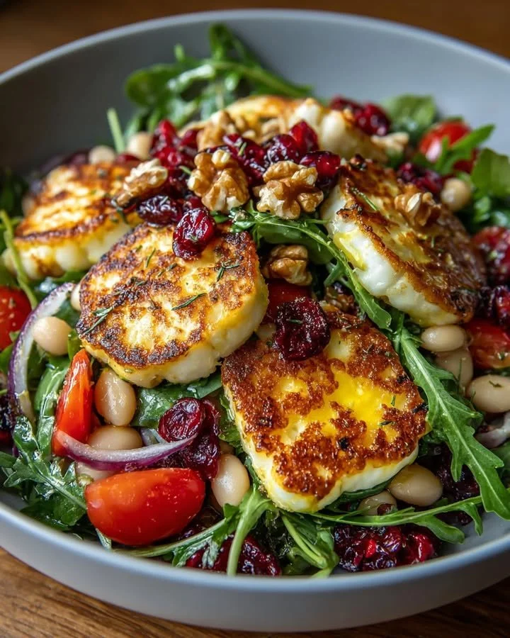 Halloumi Salad with cranberry and cannellini beans topped with citrus vinaigrette.
