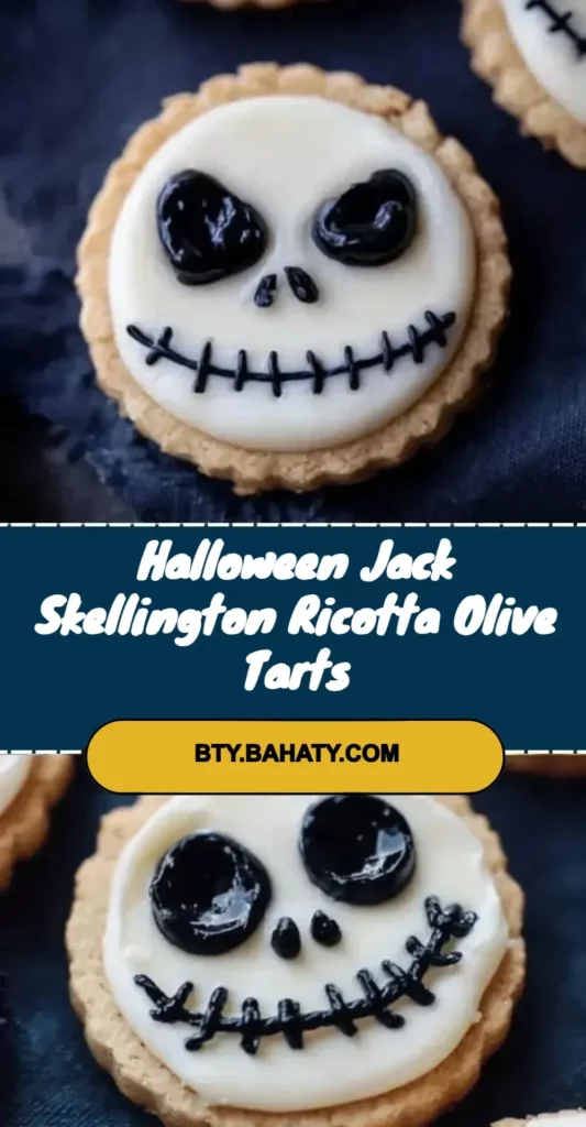 Halloween Jack Skellington Ricotta Olive Tarts with black olives and ricotta cheese