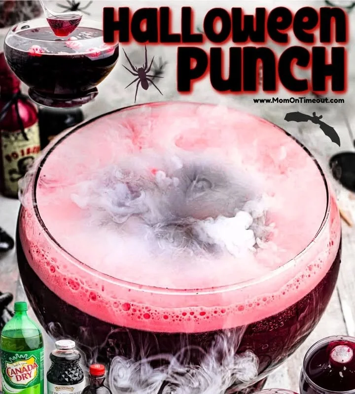 Colorful Halloween Punch in a spooky drink dispenser.