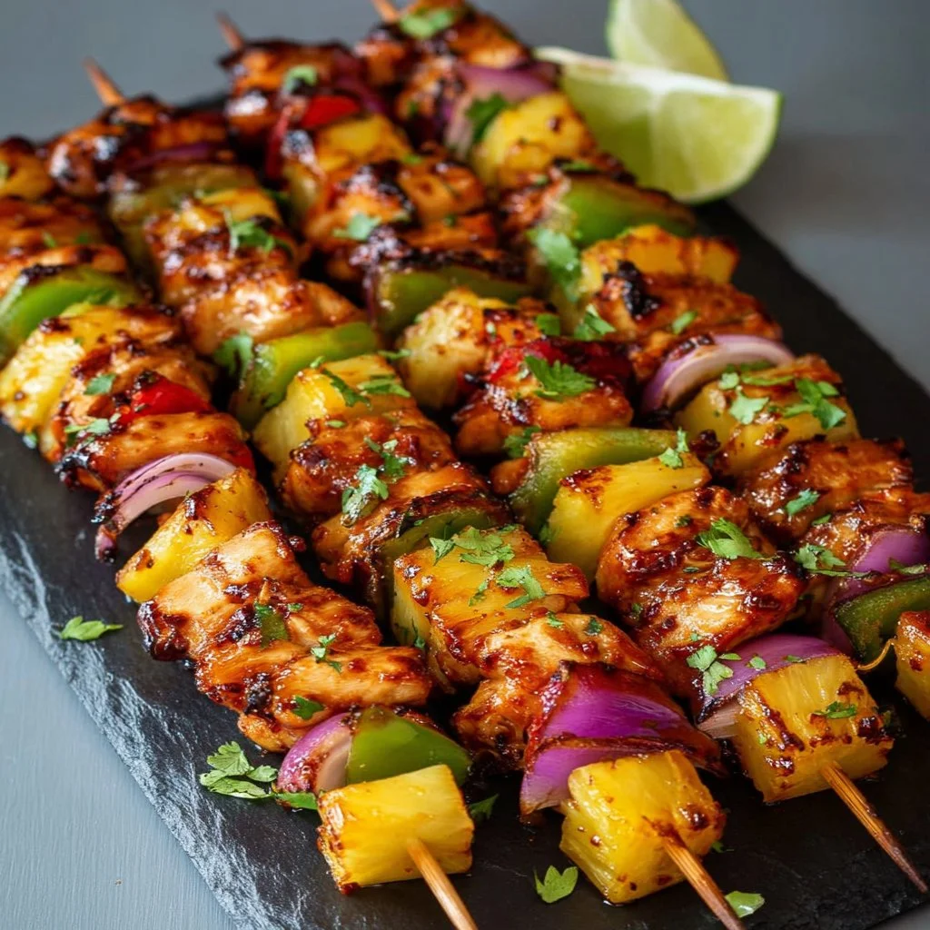 Hawaiian chicken pineapple kebabs grilling on a barbecue