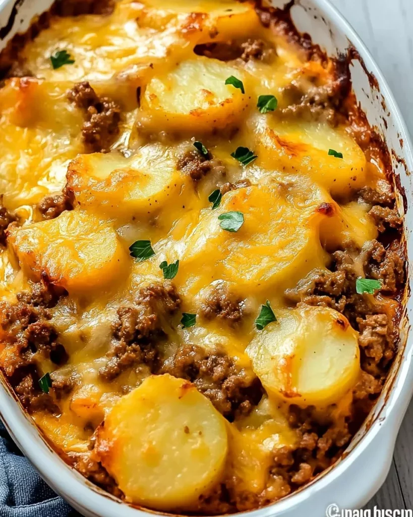 Hobo Casserole with ground beef and potatoes in a baking dish