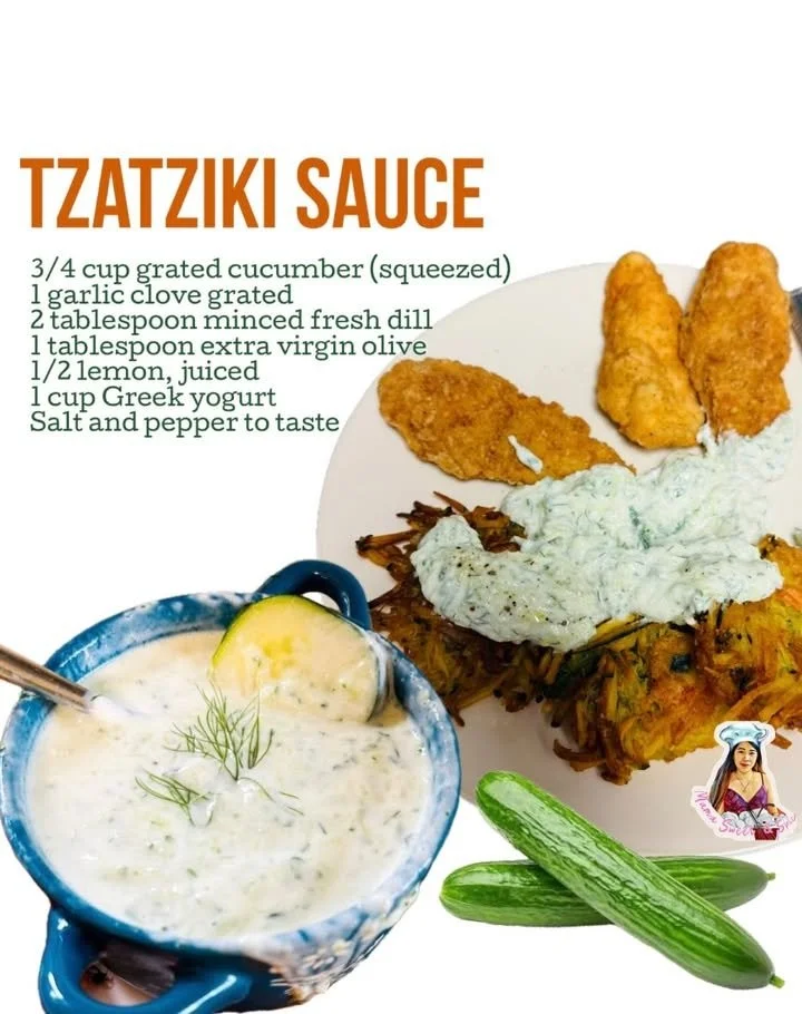 Homemade tzatziki sauce with yogurt, cucumber, and garlic in a bowl