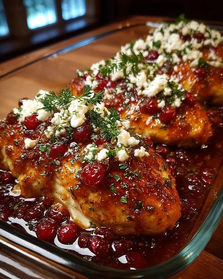 Honey Cranberry Chicken Bake topped with Feta Cheese in a dish