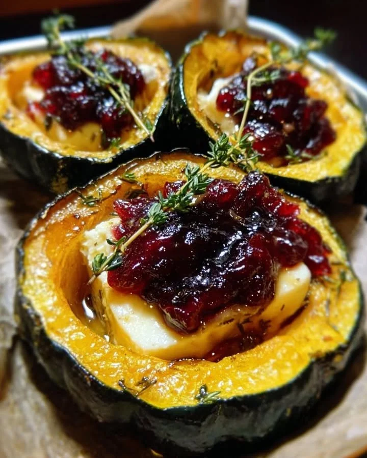 Honey-glazed acorn squash with brie cheese and cranberry drizzle on a plate