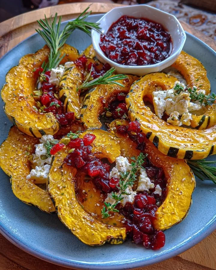 Honey-glazed acorn squash garnished with creamy goat cheese and cranberry drizzle