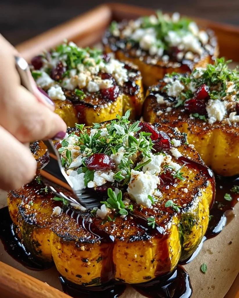 Honey-glazed acorn squash topped with feta cheese and cranberry drizzle on a plate