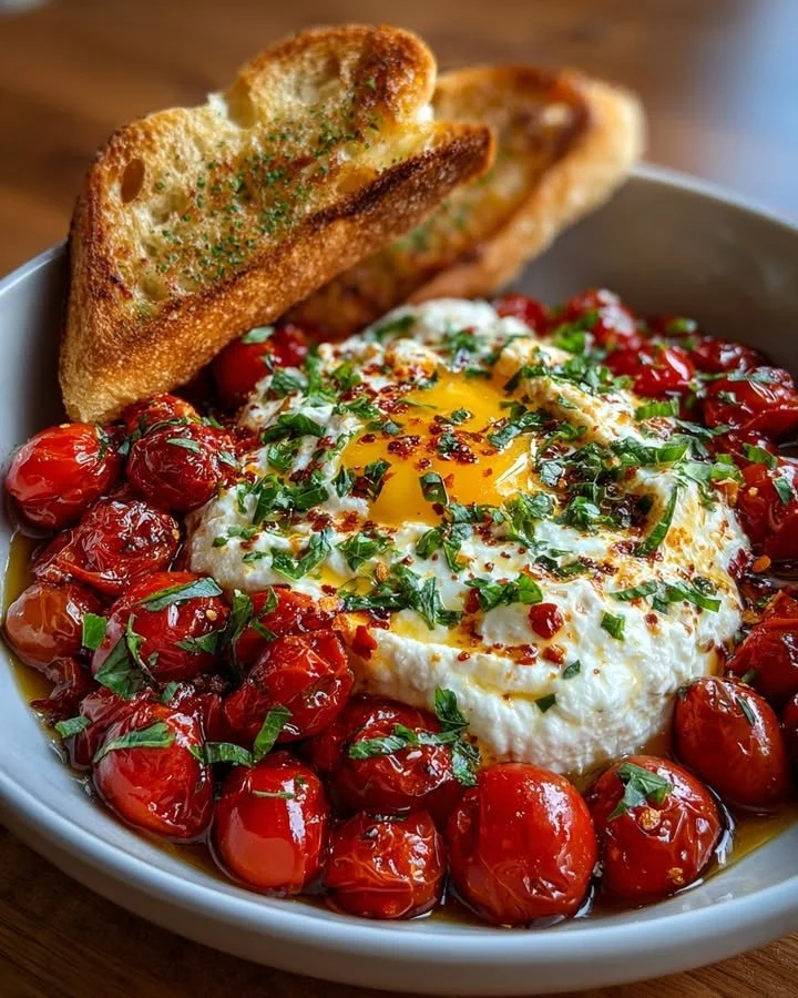 Hot Honey Tomato Burrata Dip served in a bowl with fresh ingredients