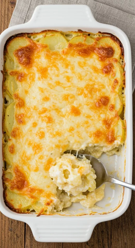 Delicious cheesy potato side dish topped with melted cheese and herbs
