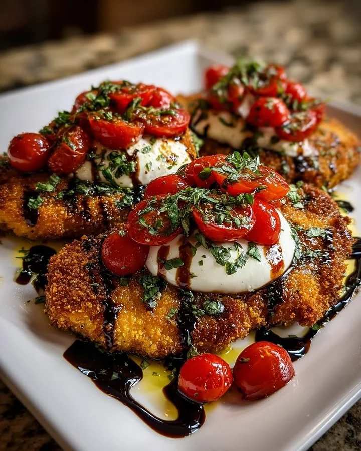 Italian Basil Chicken Cutlets with Tomato and Burrata Topping on a plate
