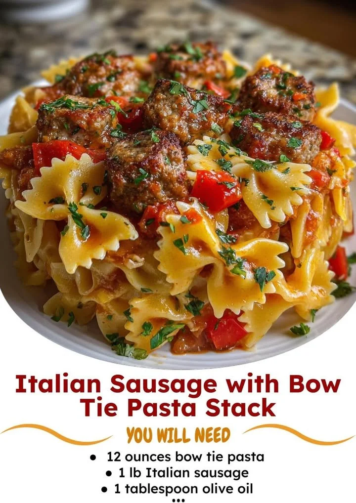 Delicious Italian sausage served with bow tie pasta in a savory sauce