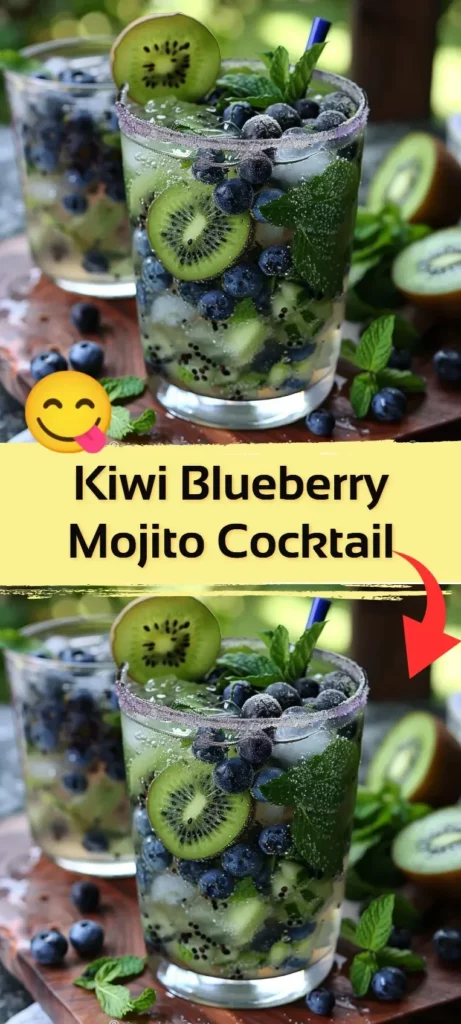 Kiwi Blueberry Mojito cocktail in a glass garnished with mint and berries