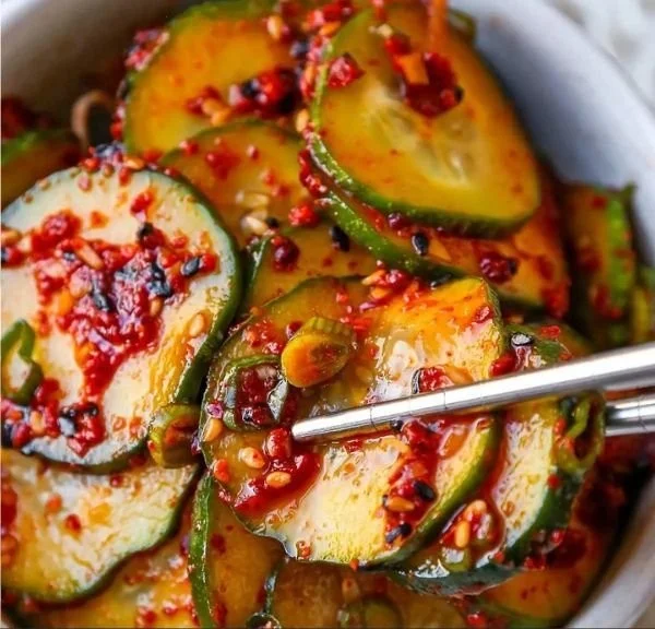 Korean Cucumber Salad served in a bowl with fresh ingredients