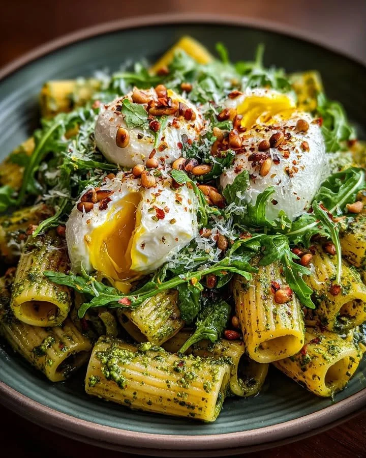 Bowl of Lemon Pesto Rigatoni topped with Burrata and Roasted Pine Nuts