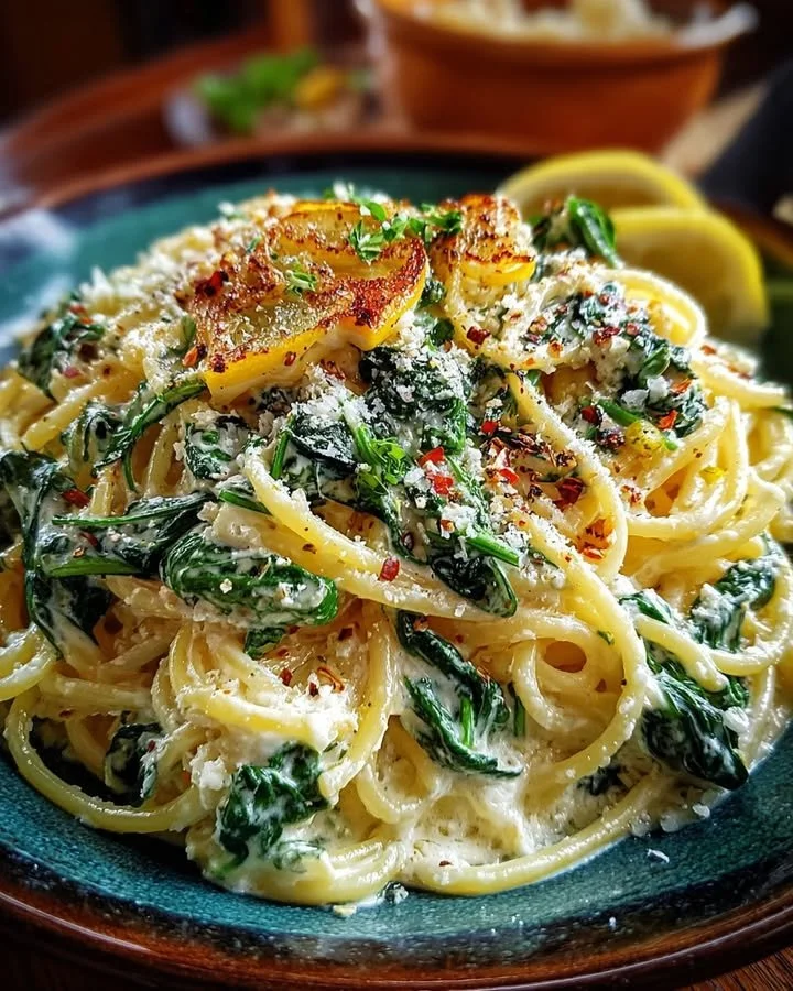 Bowl of Lemon Ricotta Pasta with Spinach, garnished with lemon zest