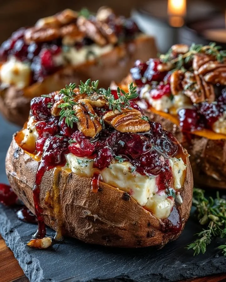 Maple pecan and brie stuffed sweet potatoes drizzled with cranberry glaze