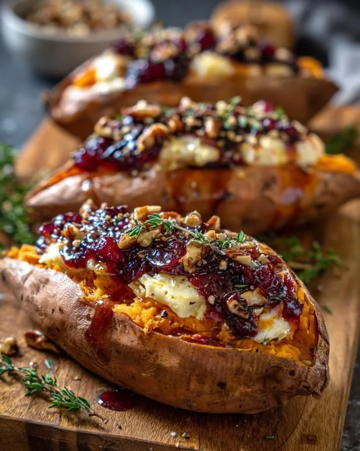 Maple pecan and brie stuffed sweet potatoes garnished with cranberry glaze
