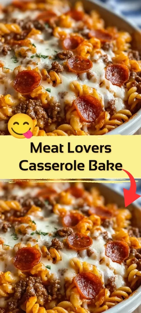 Hearty Meat Lovers Casserole Bake with meat, cheese, and vegetables in a dish.