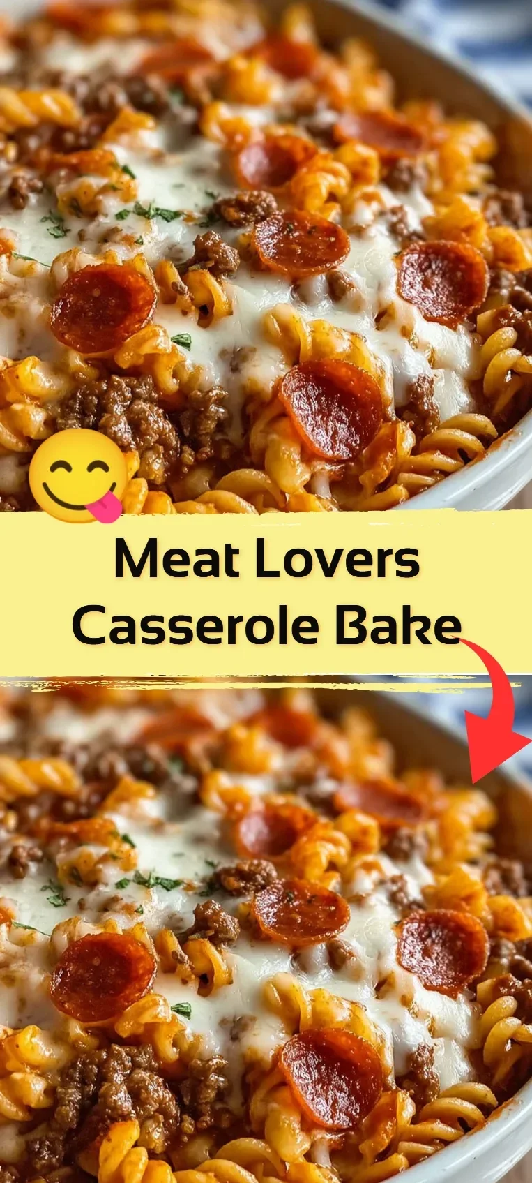 Hearty Meat Lovers Casserole Bake with meat, cheese, and vegetables in a dish.