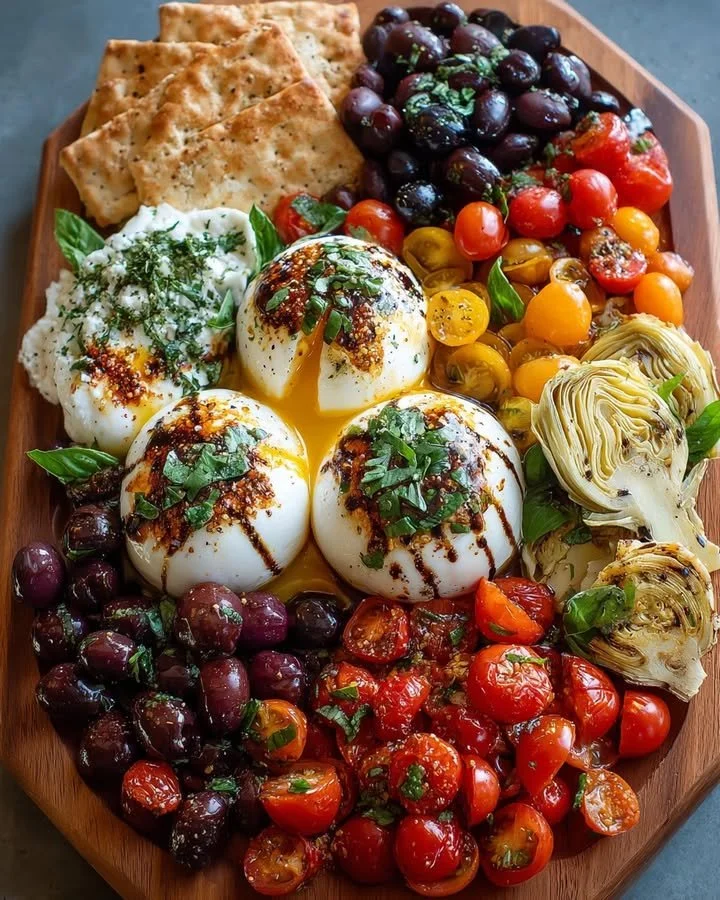 Delicious Mediterranean Burrata Board with fresh ingredients and vibrant colors.