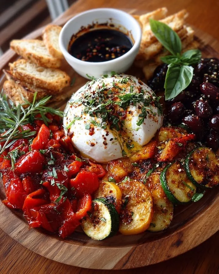 Mediterranean Burrata and Roasted Veggie Board with colorful ingredients