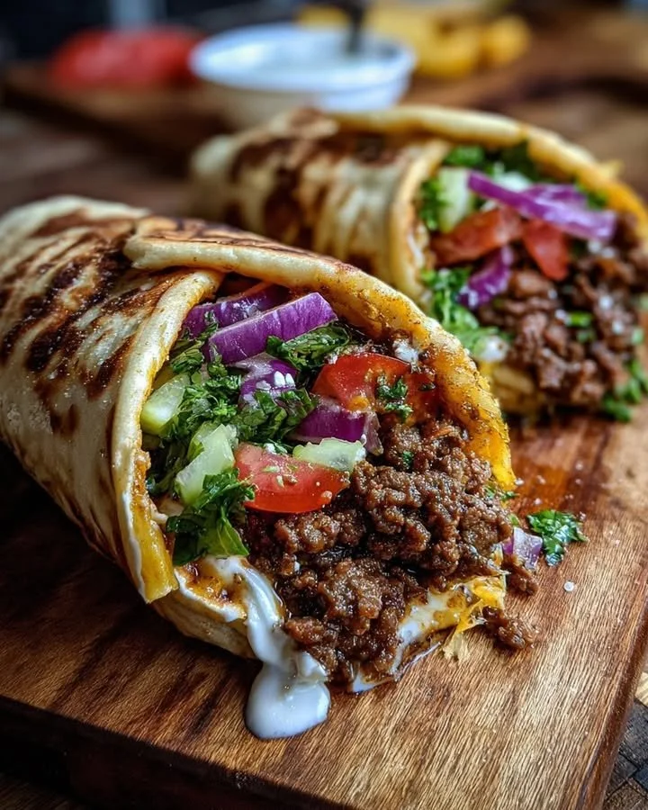 Mediterranean ground beef gyros served with fresh vegetables and tzatziki sauce.