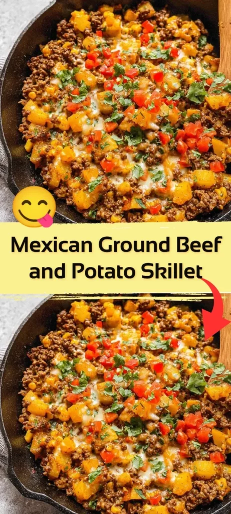 Mexican ground beef and potato skillet dish served in a cast-iron pan.