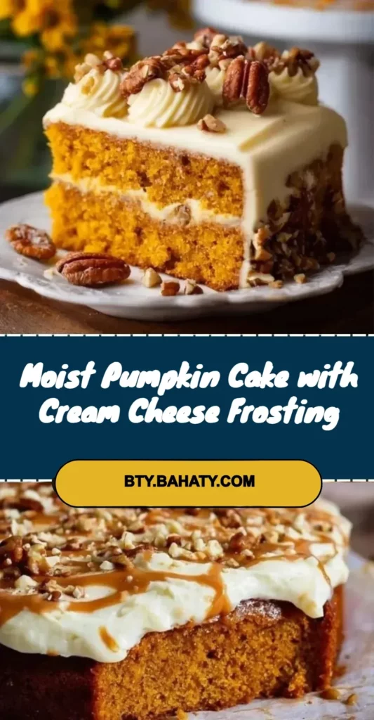 Moist pumpkin cake with cream cheese frosting, an ideal fall dessert.