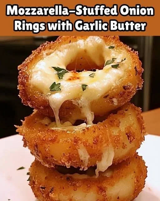 Mozzarella-stuffed onion rings with garlic butter served as a delicious appetizer