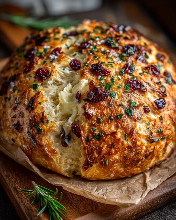 No-knead cranberry bread with herbs and garlic butter on a wooden table