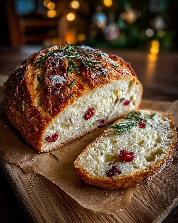 Freshly baked No-Knead Cranberry Rosemary Bread with a side of lemon butter