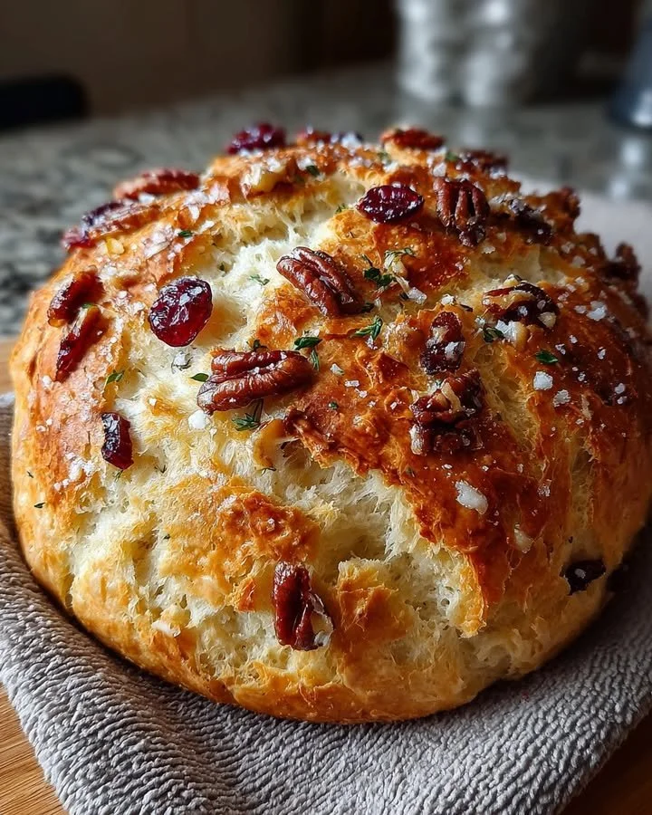 Freshly baked No-Knead Cranberry Walnut Bread on a wooden cutting board.