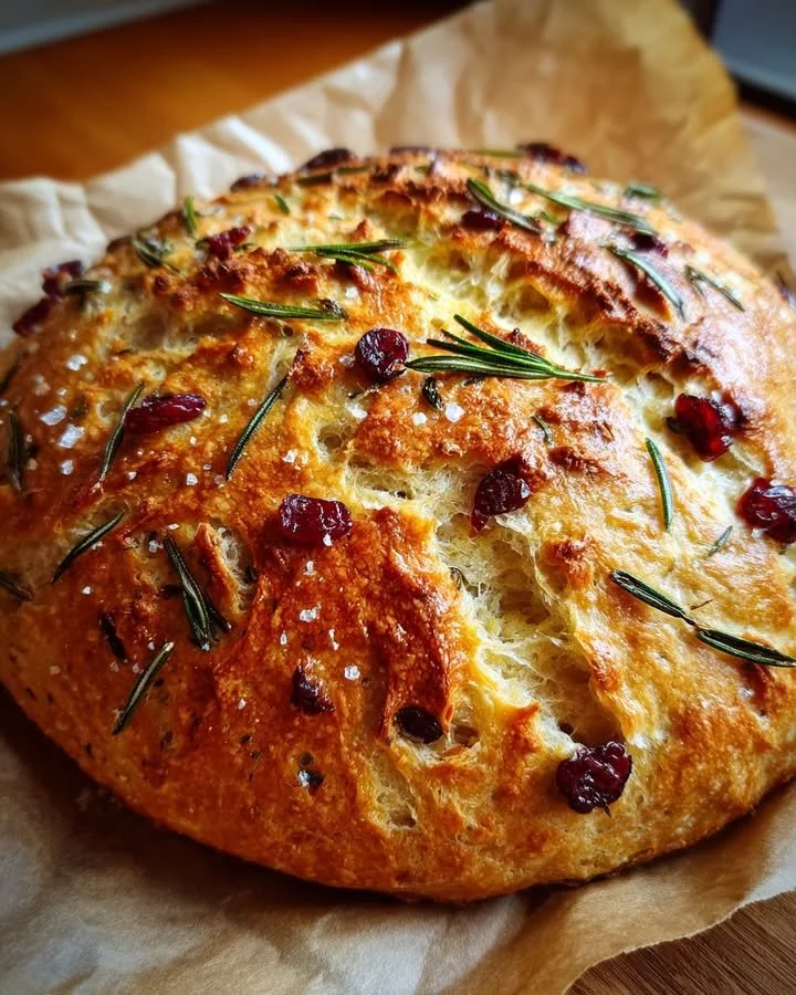 Freshly baked no-knead rosemary cranberry bread with olive oil and sea salt.