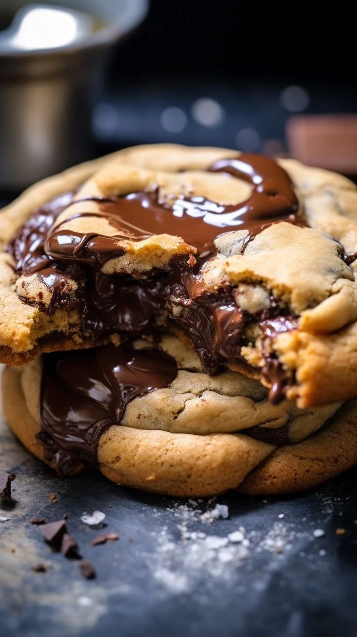 Nutella stuffed chocolate chip cookies on a plate with a glass of milk